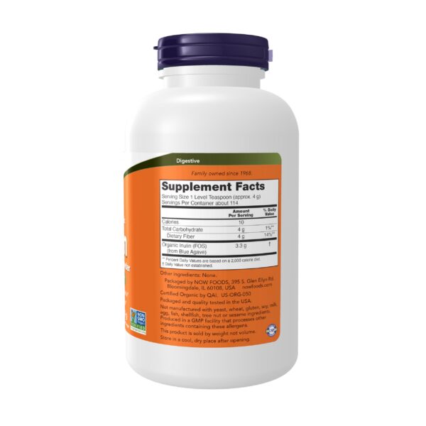 Polvo prebiótico inulina orgánica NOW para salud digestiva y flora intestinal