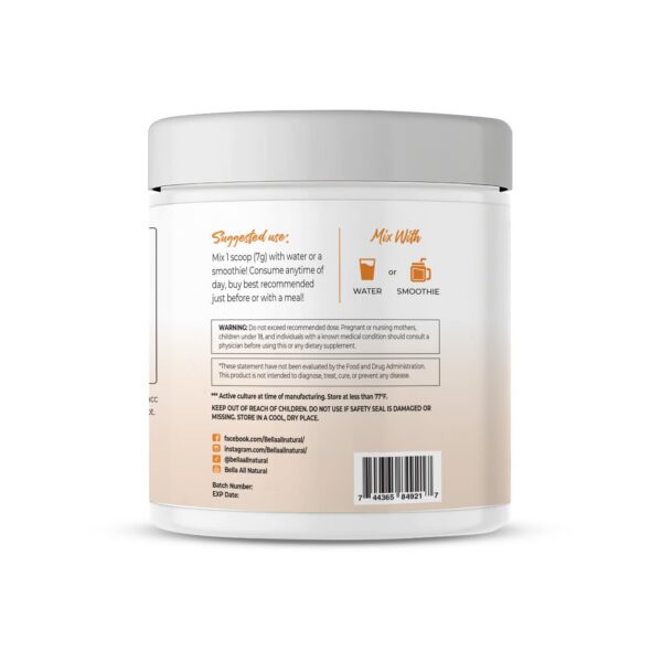 Polvo probiótico Bella para salud digestiva portable y compacto