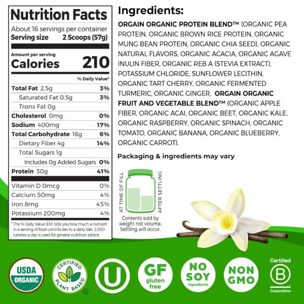 Polvo de proteína vegetal Orgain para soporte muscular y digestivo