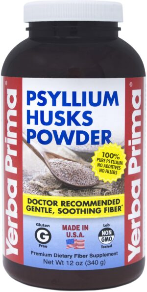 Polvo de psyllium Yerba Prima envase frontal 12 oz