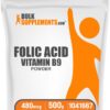 Polvo puro de ácido fólico 800 mcg BulkSupplements para bienestar