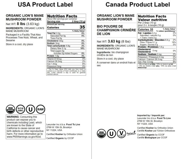 Polvo puro de hongo Melena de León Food to Live para superalimento vegano