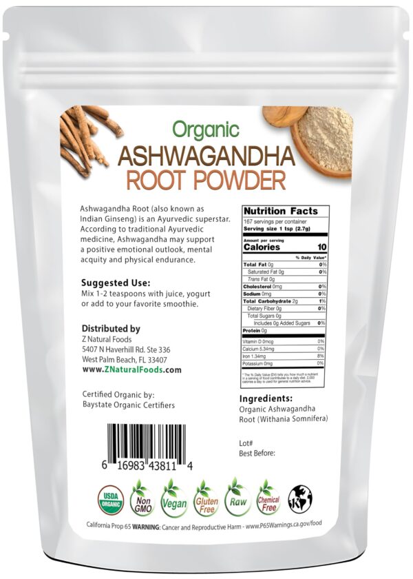 Version 1.0.0 Polvo puro de raíz de ashwagandha sin químicos Z Natural Foods
