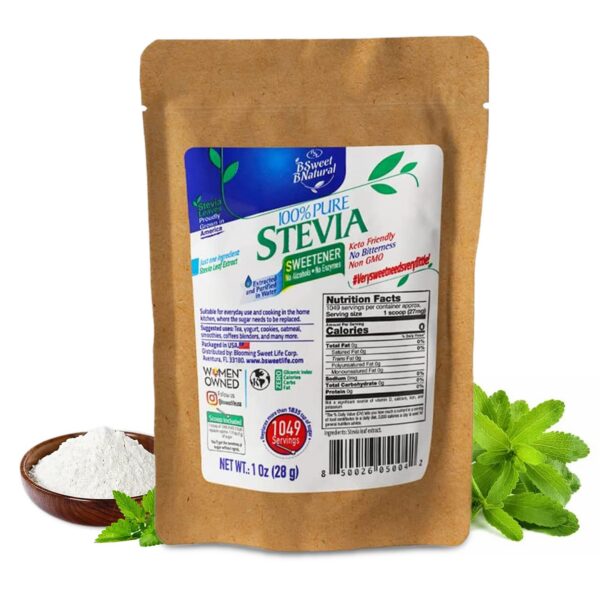 Envase de polvo puro de stevia natural para endulzar