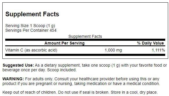 Polvo puro de vitamina C Swanson para apoyo al sistema inmunológico