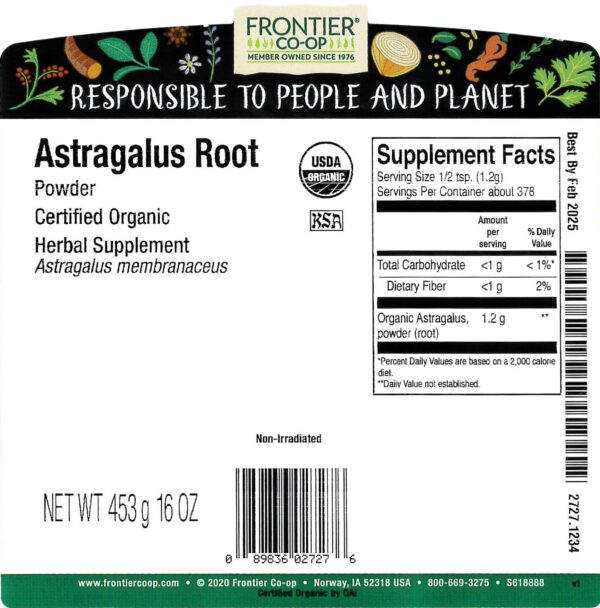 Polvo de raíz de astrágalo orgánico Frontier Co-op natural