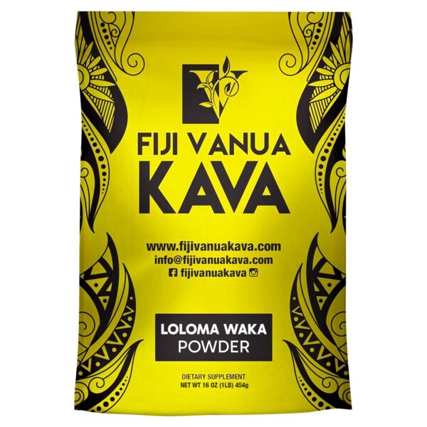 Polvo de raíz de kava Fiji Vanua Loloma Waka en envase