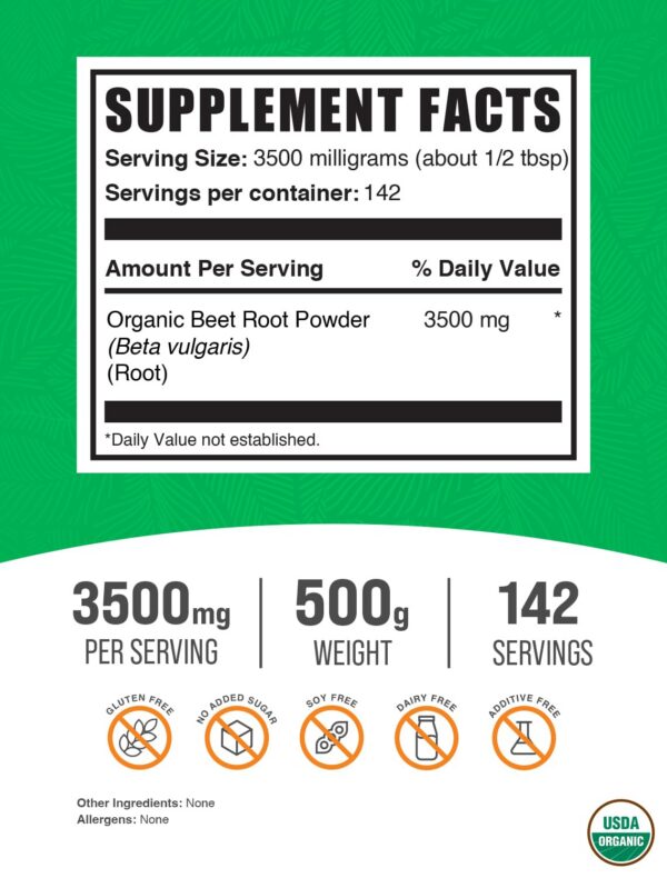 Polvo de raíz de remolacha orgánico BulkSupplements en envase claro