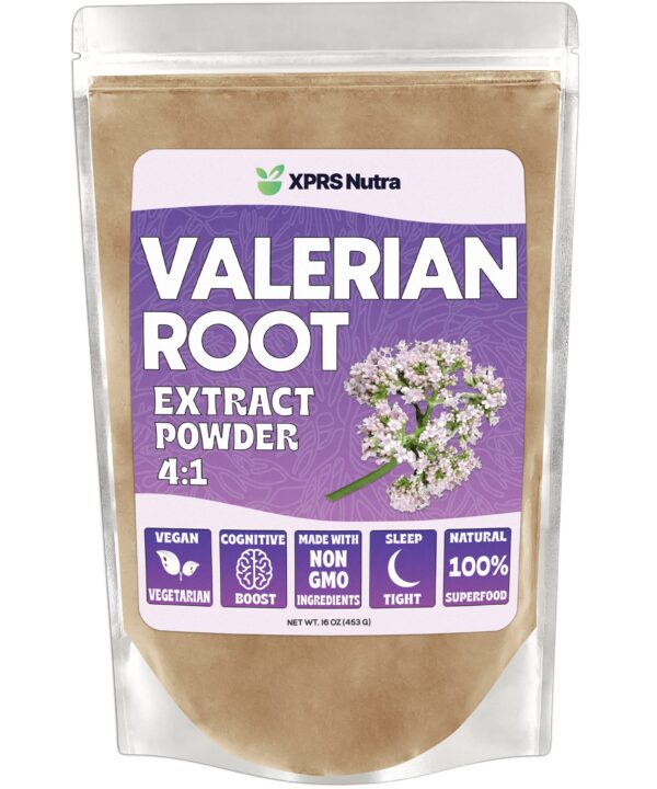 Polvo de raíz de valeriana XPRS Nutra en envase transparente