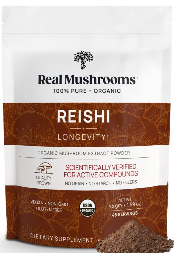 Version 1.0.0 Polvo de reishi Real Mushrooms para longevidad y sistema inmunológico