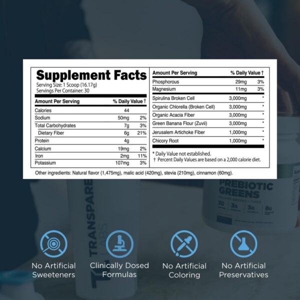 Polvo sin sabor prebiotic greens Transparent Labs 30 porciones