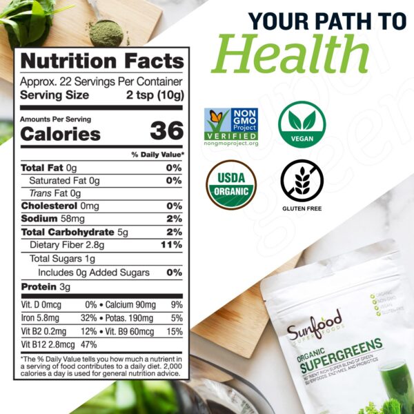 Polvo de supergreens con chlorella y spirulina