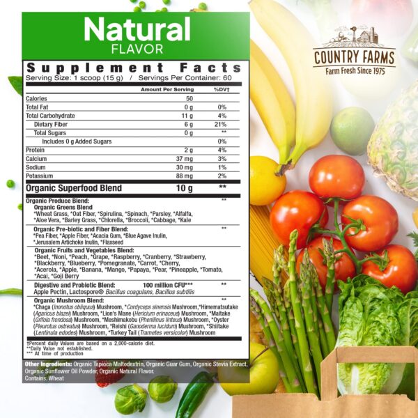 Polvo verde de supergreens Country Farms en cuchara