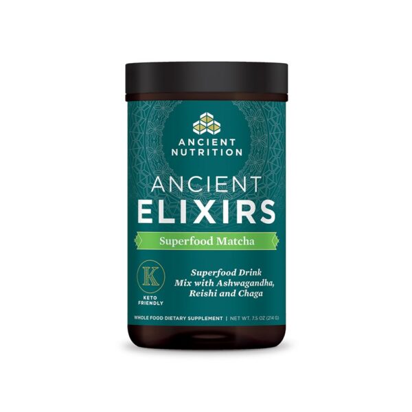 Envase de polvo de té verde matcha con ashwagandha Ancient Nutrition