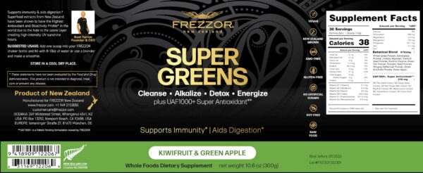 Polvo verde FREZZOR Super Greens caja y presentación