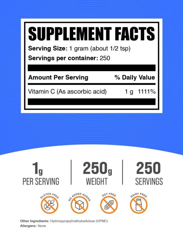 Polvo de vitamina C BulkSupplements en empaque transparente