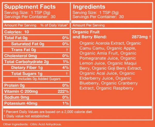 Version 1.0.0 Polvo vitamina C Live Ultimate con 13 superbayas y superfrutas orgánico