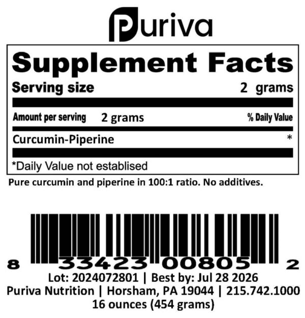 Porción de polvo cúrcuma piperina 100 a 1 Puriva Nutrition