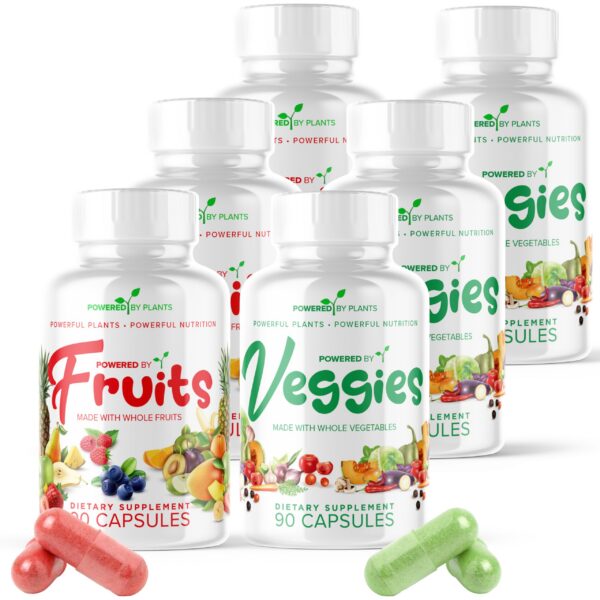 Frasco de POWERED X PLANTS cápsulas con frutas y verduras