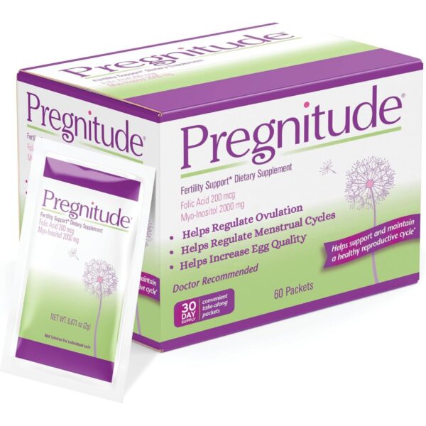 Frente de la caja Pregnitude con 60 sobres