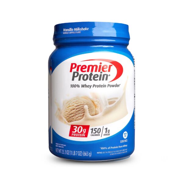Frente de Premier Protein Vanilla Milkshake en polvo