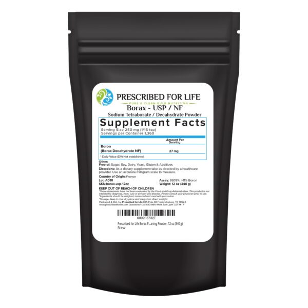 Version 1.0.0 Polvo borax Prescribed for Life, etiqueta frontal