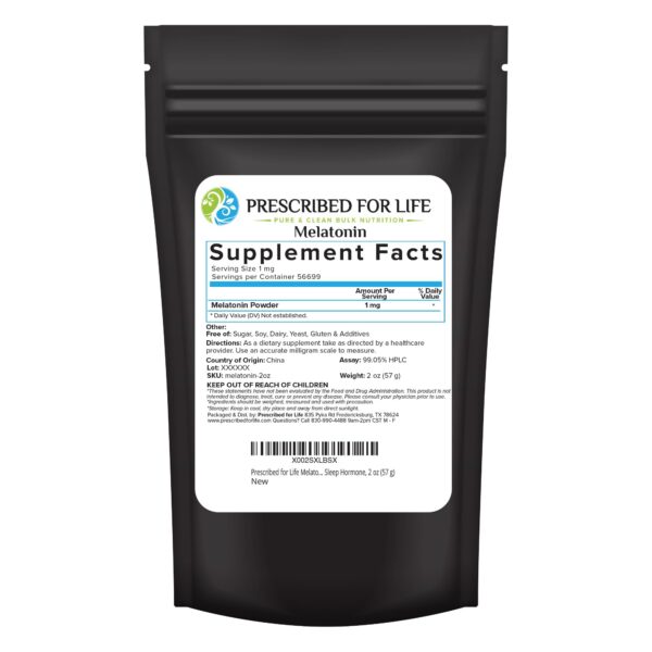 Version 1.0.0 Prescribed For Life polvo de melatonina natural frasco y bolsa resealable