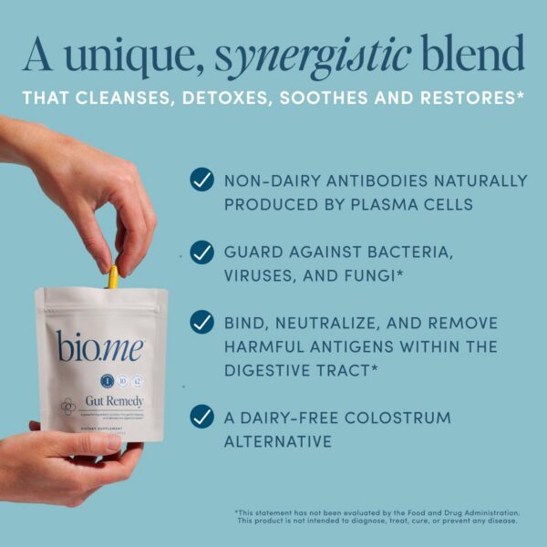 Presentación cápsulas Gut Remedy Bio.me con ingredientes naturales