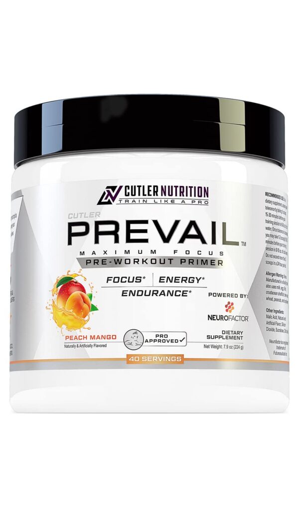Prevail Pre Workout Powder frente del envase sabor Durazno Mango