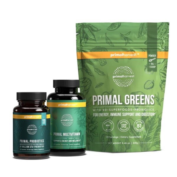Frasco de Primal Harvest con multivitamínico, greens y probiotics