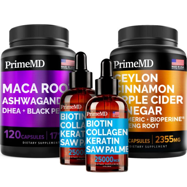 Paquete PrimeMD con canela de ceilán y suplementos de biotina y maca