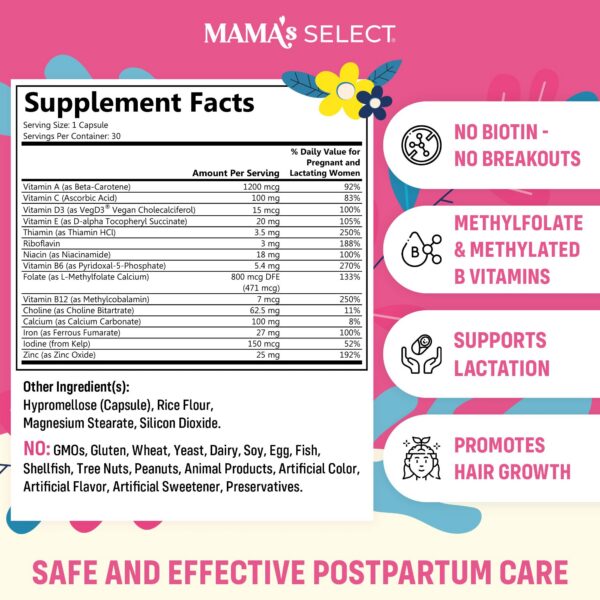 Primer plano de cápsulas de vitaminas postnatales Mama's Select
