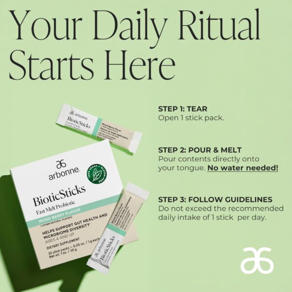 Version 1.0.0 Probiótico Arbonne BioticSticks apoyo salud digestiva e inmune