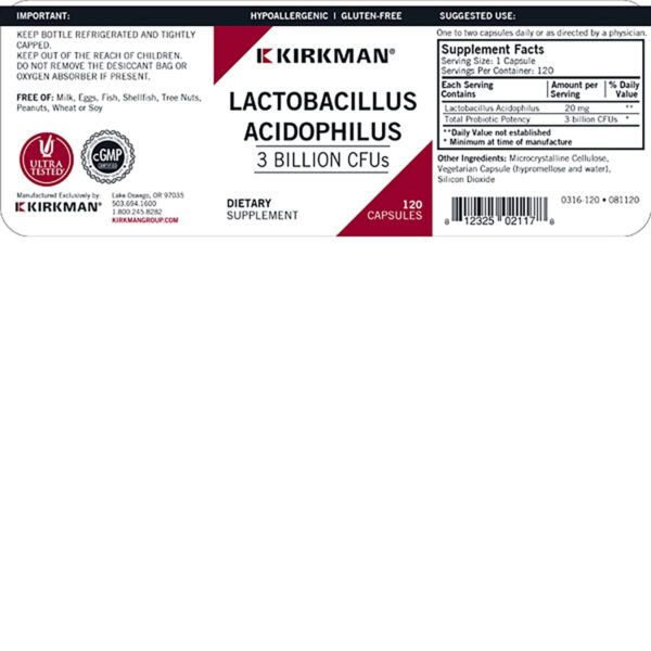 Version 1.0.0 Probiótico Kirkman Lactobacillus acidophilus sin gluten ni caseína