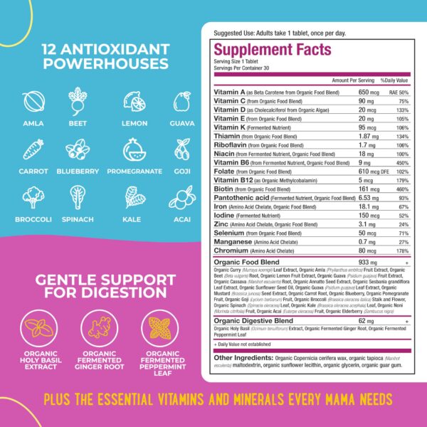 Detalle tabletas vitaminas prenatales Mama Natural orgánicas veganas