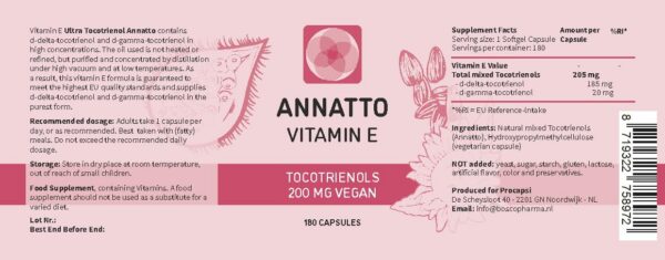Etiqueta lateral y envase de Annatto Tocotrienols vitamina E