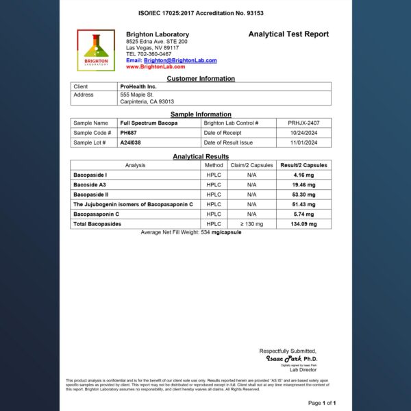 ProHealth cápsulas bacopa suplemento rendimiento natural 60 unidades