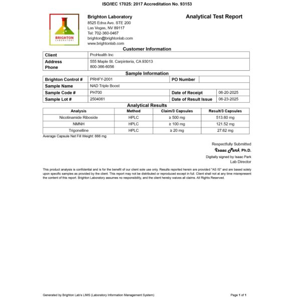 Detalle de etiqueta ProHealth NAD Triple Boost