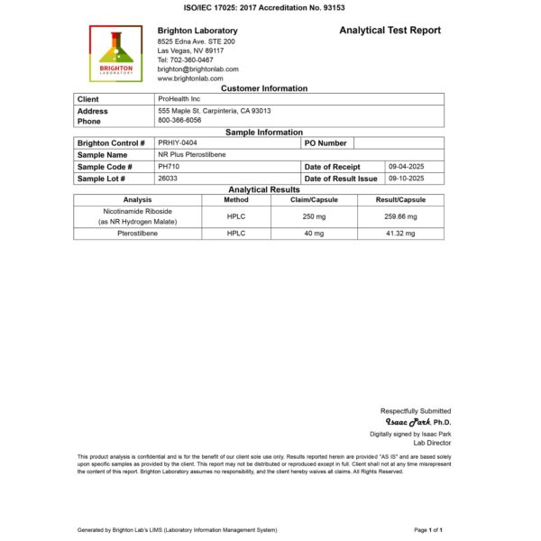 Cápsulas ProHealth NR + Pterostilbene sobre fondo blanco