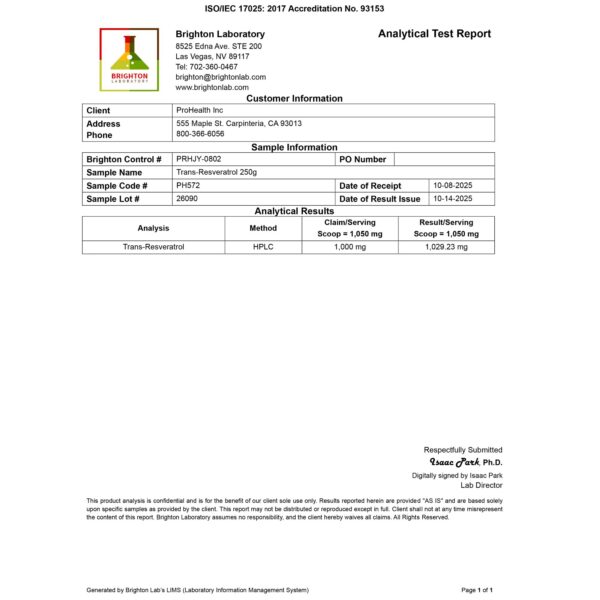 Version 1.0.0 Contenido del polvo Trans-Resveratrol ProHealth 250 g
