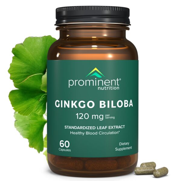 Botella de suplementos Prominent Nutrition Ginkgo Biloba 120mg 60 cápsulas