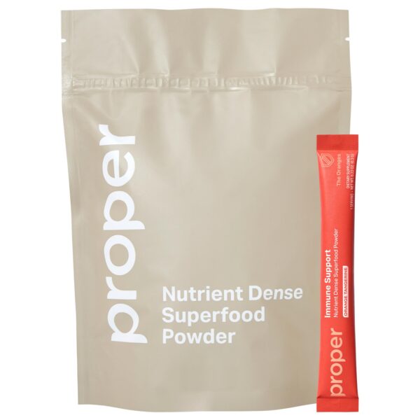 Suplemento inmunológico Proper en polvo sabor naranja y mandarina