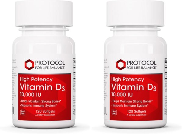 Frasco con cápsulas Protocol For Life Balance Vitamin D3 10000 UI