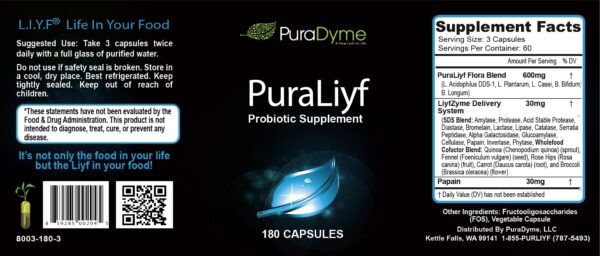 Etiqueta de PuraDyme PuraLiyf y enzimas digestivas