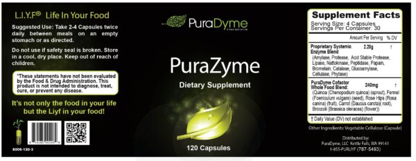 Etiqueta de PuraZyme y detalles del producto