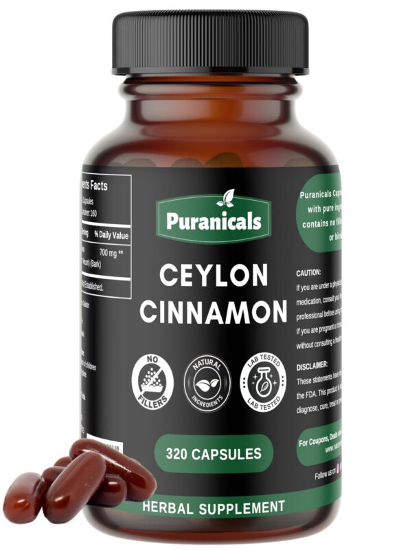 Frasco de Puranicals Canela de Ceilán premium 320 cápsulas