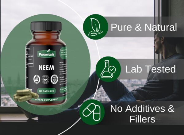 Detalle etiqueta suplemento Puranicals Neem 600 mg por cápsula