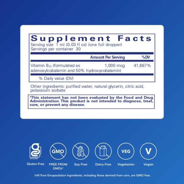 Etiqueta y gotero de B12 líquido Pure Encapsulations