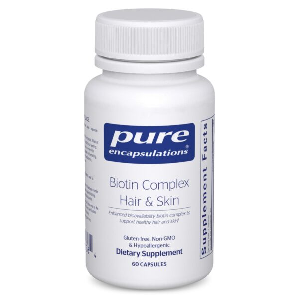 Frente del frasco Pure Encapsulations Biotin Complex 60 cápsulas