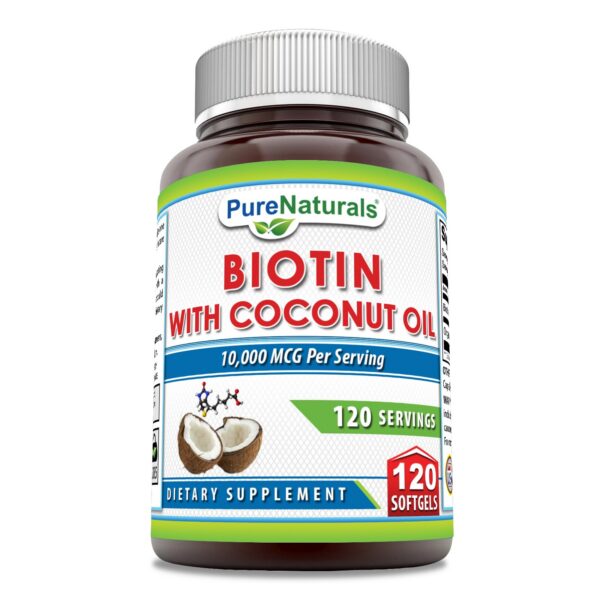 Frasco de Pure Naturals Biotina 10000 mcg con aceite de coco